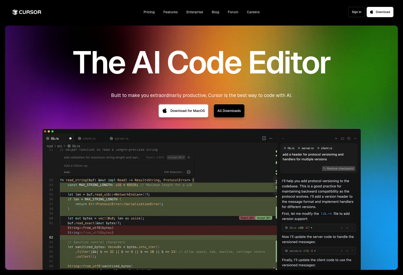 Screenshot of the Cursor homepage. It starts with a bold tagline: “The AI Code Editor: Built to make you extraordinarily productive, Cursor is the best way to code with AI.” Below, a screenshot of the Cursor application is shown.